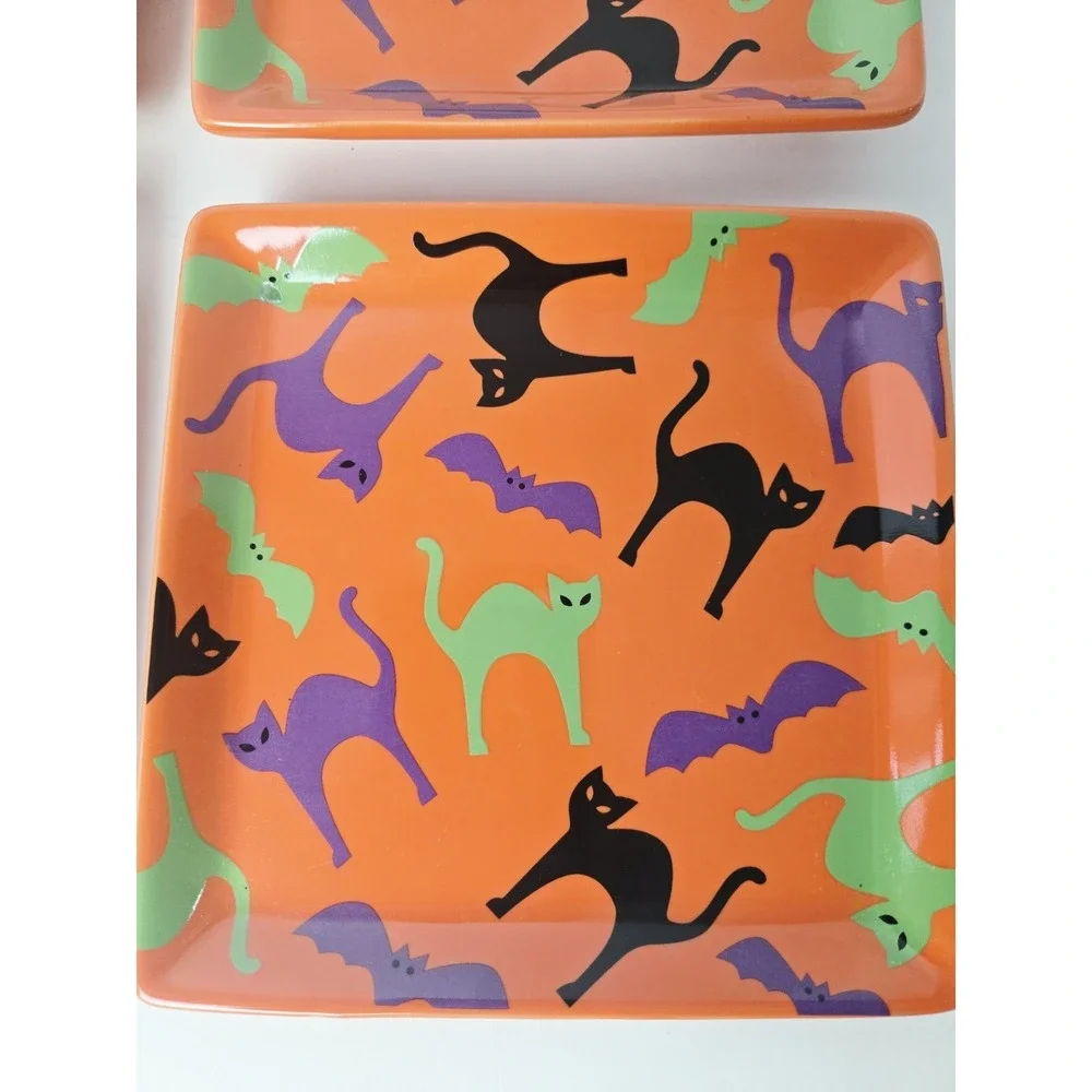 Crate & Barrel Halloween Black Cat plates Appetizer square set of 4 Dessert